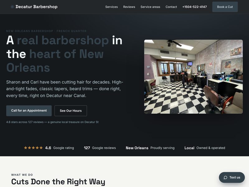 Homepage of Decatur Barbershop, a barber shop in New Orleans, LA