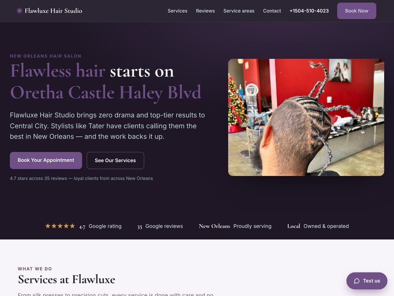 Homepage of Flawluxe Hair Studio, a hair & beauty salon in New Orleans, LA