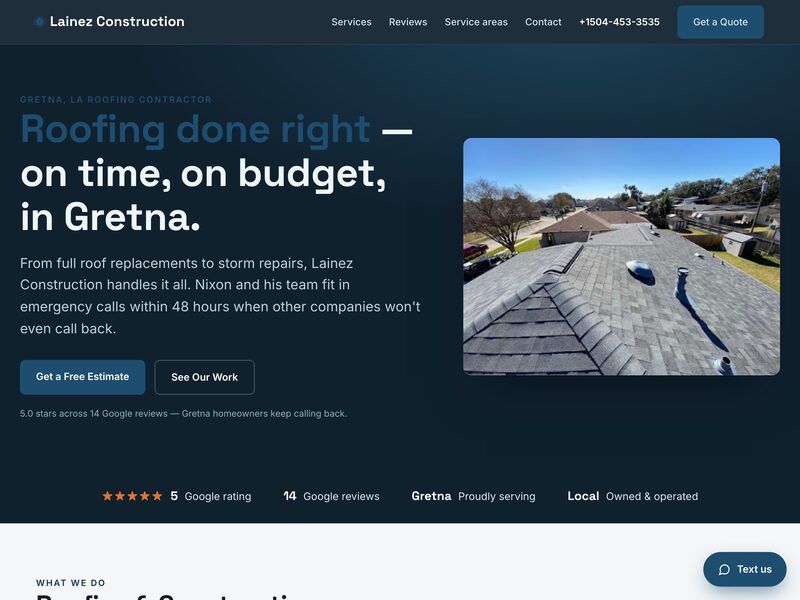 Homepage of Lainez Construction, a roofing & exterior in Gretna, LA