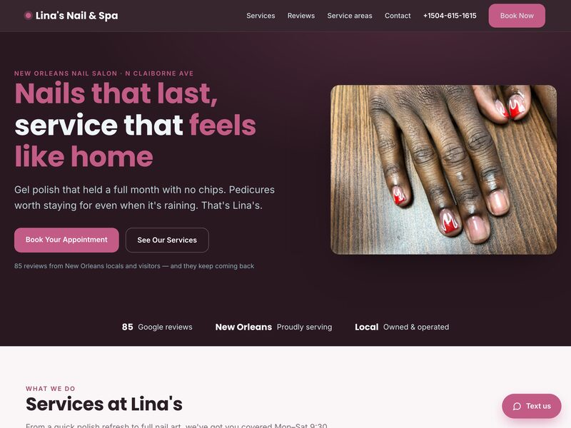 Homepage of Lina's Nail & Spa, a nail salon in New Orleans, LA