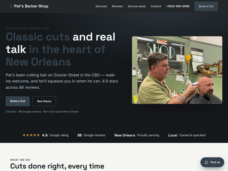 Homepage of Pat's Barber Shop, a barber shop in New Orleans, LA
